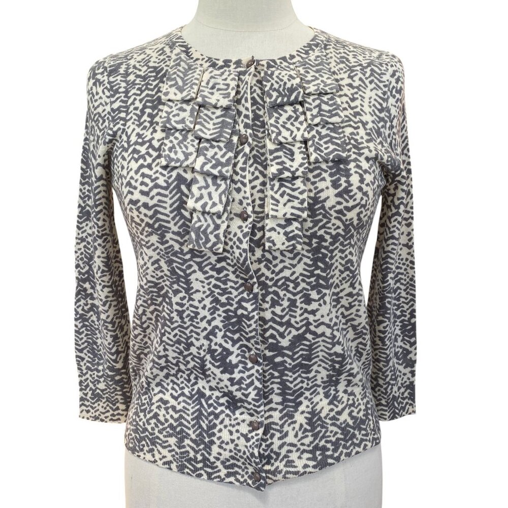 J Crew Strada Merino Wool Preppy Cardigan Ruffle Gray Button Office Academia-S